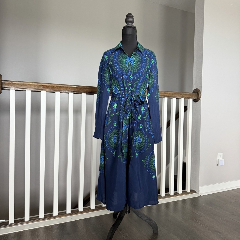 Boden NWT Kate Long Sleeve Midi Shirt Dress US 2P UK 6P Blue Green Resort Preppy